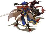  blue_eyes blue_hair cape dagger fire_emblem fire_emblem:_souen_no_kiseki fire_emblem_path_of_radiance fire_emblem_radiant_dawn gloves headband ike male scarf sword volke weapon 