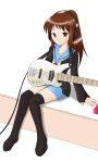  brown_hair genderswap guitar headphones kyon kyonko ponytail school_uniform suzumiya_haruhi_no_yuuutsu thigh-highs tissue_box tissue_princess zettai_ryouiki 