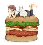  bob_cut brown_hair cat commentary feet food hamburger kajiwara_shikaji lying original pantyhose short_hair sketch solo 