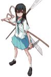  black_hair katana knife long_hair polearm school_uniform scissors shirasaya skirt spear sword tugeneko weapon 