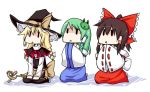  3girls bad_id chibi hakurei_reimu kirisame_marisa kneeling kochiya_sanae multiple_girls shi_(kakuchou_ko) shirofox sitting staff touhou 