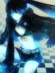  belt bikini_top black_hair black_rock_shooter black_rock_shooter_(character) blue_eyes boots checkered coat flat_chest front-tie_top gloves glowing glowing_eyes hood hooded_jacket jacket katana knee_boots long_hair midriff navel pale_skin scar short_shorts shorts solo star stitches sword twintails uneven_twintails uno_(artist) uno_(colorbox) very_long_hair weapon zipper 