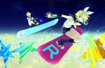  blue_eyes habuki hair_ornament hair_ribbon hairclip kagamine_len kagamine_rin ribbon shooting_star short_hair shorts siblings skateboard sky sky_surfing skyboard smile snowboard star star_(sky) starry_sky surfing twins vocaloid 