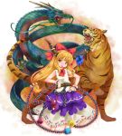  chain chains dragon eastern_dragon hair_ribbon horns ibuki_suika michii_yuuki oni orange_hair ribbon tiger touhou yellow_eyes 