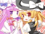  :&lt; blonde_hair bow brown_eyes close-up hair_bow hat holding_hands kirisame_marisa long_hair meito_(maze) patchouli_knowledge purple_eyes purple_hair touhou witch_hat 