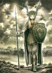  armor armored_dress battle bird blonde_hair cloud clouds green_eyes helmet original polearm shield shirakaba_toshiharu sky spear usakichi valkyrie weapon 