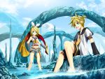  blue_eyes brother_and_sister detached_sleeves feet_in_water hair_ornament hairclip headphones kagamine_len kagamine_rin kouji_(astral_reverie) midriff nero_(pixiv#_28115) ribbon shorts siblings soaking_feet twins vocaloid water 
