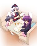  bad_id black_hair bunny_ears hat inaba_tewi maru54 purple_hair rabbit_ears red_eyes reisen_udongein_inaba restaurant silver_hair sitting touhou yagokoro_eirin 