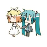  chibi_miku hand_holding hatsune_miku holding_hands kagamine_rin kagamine_rin_(roshin_yuukai) minami_(colorful_palette) roshin_yuukai_(vocaloid) thighhighs twintails vocaloid |_| 