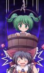  blush bucket detached_sleeves girl_in_bucket green_eyes green_hair hair_ribbon hakurei_reimu highres in_bucket in_container kisume lzh o_o power-up powerup ribbon touhou twintails 
