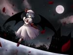  dress hat moon night petals plue_(coruru) red_eyes remilia_scarlet short_hair sky touhou wings wrist_cuffs 