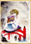  bad_id blonde_hair bridge flower green_eyes hair_flower hair_ornament highres koyomiuta looking_back mizuhashi_parsee pointy_ears scarf short_hair sitting sitting_on_object smile touhou traditional_media tsurui watercolor watercolor_(medium) 