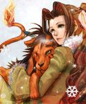  aerith_gainsborough animal brown_hair cat coat couple earrings female final_fantasy final_fantasy_vii fire green_eyes henyo long_hair lying ponytail red_xiii scar snow snowflake tail yellow_eyes 