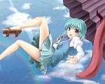  blue_eyes geta green_hair heterochromia karakasa karakasa_obake legs mochi.f oriental_umbrella red_eyes sky tatara_kogasa tongue touhou umbrella 