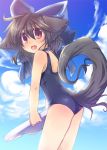  1girl :d animal_ears ass bow brown_hair child cocoa_(toba) collar fang one-piece_swimsuit open_mouth original school_swimsuit solo swimsuit tail toba_hiyoko 