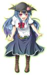  blue_hair boots food fruit hat hinanawi_tenshi long_hair mochi.f open_mouth peach red_eyes skirt solo touhou 