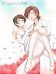  1girl black_hair blush bride brown_hair carrying couple dress flower glasses gundam gundam_00 kati_mannequin niwatori_kokezou patrick_colasour petals princess_carry purple_eyes rose tuxedo violet_eyes wedding wedding_dress wink 