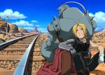  ahoge alphonse_elric armor back-to-back back_to_back blonde_hair braid brothers edward_elric fullmetal_alchemist gloves grin highres male official_art prosthesis railroad_tracks siblings single_braid smile sweat yellow_eyes 