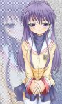  clannad fujibayashi_kyou fujieda_hiro long_hair purple_hair school_uniform tears thigh-highs violet_eyes zoom_layer 