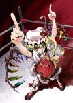 &gt;:) :d blonde_hair boxing_ring embellished_costume fangs flandre_scarlet foreshortening frills from_above grin hands hat kamina_pose looking_at_viewer open_mouth pointing pointing_up red_eyes short_hair smile solo touhou uirou_(pixiv217485) uirou_(uirou1) wings 