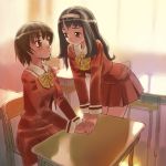  bad_id black_hair blush brown_eyes brown_hair classroom desk hairband hand_holding headband holding_hand holding_hands kamiizumi_yasuna kashimashi long_hair multiple_girls okayu_(crosspoint) osaragi_hazumu ribbon school_uniform schoolgirl short_hair skirt sunlight 