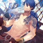  2boys abs armor aya_(pixiv73672) beard black_hair blue_hair bracelet character_name collarbone copyright_name cosplay costume_switch cu_chulainn_(fate/prototype) cu_chulainn_(fate/prototype)_(cosplay) earrings edward_teach_(fate/grand_order) edward_teach_(fate/grand_order)_(cosplay) facial_hair fate/grand_order fate/prototype fate_(series) fingerless_gloves fur_trim gloves grin jewelry long_hair looking_at_viewer male_focus multiple_boys mustache one_eye_closed ponytail red_eyes shirtless smile 