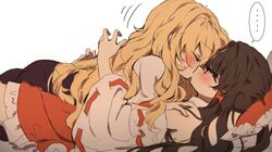  ... 2girls bare_shoulders black_hair blonde_hair blush bow brown_hair closed_eyes detached_sleeves girl_on_top hair_bow hakurei_reimu hug kirisame_marisa kiss large_bow lying multiple_girls on_back open_eyes piyokichi red_eyes skirt skirt_set sweat touhou wavy_hair yuri 