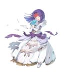  1girl alternate_costume arm_ribbon bare_shoulders blue_flower blue_rose bouquet detached_collar dress eyes fire_emblem fire_emblem:_akatsuki_no_megami fire_emblem:_souen_no_kiseki fire_emblem_heroes flower formal full_body headband highres holding holding_bouquet long_sleeves looking_to_the_side medium_hair one_eye_closed open_mouth purple_hair purple_ribbon ribbon rose sanaki_kirsch_altina solo strapless strapless_dress sweatdrop torn_clothes torn_dress wedding_dress white_dress yellow_ribbon 