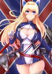  1girl azur_lane blonde_hair blue_eyes breasts cleavage_cutout dress eyebrows_visible_through_hair glorious_(azur_lane) gloves hair_between_eyes highres ibara_azuki large_breasts long_hair long_sleeves machinery military military_uniform rigging solo thigh-highs uniform union_jack very_long_hair white_gloves white_legwear 