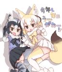  2girls animal_ears ass bangs black_bow black_gloves black_hair black_neckwear black_skirt blonde_hair blue_shirt bow bowtie brown_eyes common_raccoon_(kemono_friends) elbow_gloves extra_ears eyebrows eyebrows_visible_through_hair fang fennec_(kemono_friends) fox_ears fox_tail fur_collar gloves grey_hair grey_legwear hair_between_eyes kemono_friends kolshica looking_at_viewer miniskirt multicolored multicolored_clothes multicolored_gloves multicolored_hair multicolored_legwear multiple_girls pink_shirt pleated_skirt raccoon_ears raccoon_tail shirt short_hair silhouette skirt striped_tail tail tail_raised two-tone_gloves two-tone_legwear white_gloves white_hair white_legwear white_skirt yellow_bow yellow_gloves yellow_legwear yellow_neckwear 