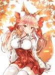  1girl animal animal_ears animal_on_shoulder autumn_leaves bangs blush bow breasts closed_mouth collarbone commentary_request eyebrows_visible_through_hair fate/extra fate/grand_order fate_(series) fingernails fox fox_ears fox_girl fox_tail hair_between_eyes hair_bow hair_ribbon hakama hakama_skirt hand_up highres japanese_clothes large_breasts leaf long_hair long_sleeves looking_at_viewer melynx_(user_aot2846) miko pink_hair red_bow red_hakama ribbon ribbon-trimmed_sleeves ribbon_trim sitting sleeves_past_wrists smile solo tail tamamo_(fate)_(all) tamamo_no_mae_(fate) thigh-highs twintails very_long_hair white_background white_legwear wide_sleeves yellow_eyes 