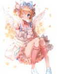  1girl angel_wings animal animal_on_lap b_rock bag bangs bell blue_bow blue_eyes blush bow bubble cat collared_shirt double_bun dress eyebrows_visible_through_hair eyepatch feathered_wings flower frilled_bow frilled_dress frilled_legwear frilled_sleeves frills grey_bow hair_bell hair_bow hair_ornament head_wings kneehighs looking_at_viewer messenger_bag orange_hair original petals pigeon-toed pinafore_dress pink_legwear pink_shirt shirt shoulder_bag sidelocks sleeves_past_wrists solo striped striped_bow very_long_sleeves white_wings wings 