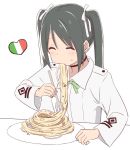 1girl black_hair blush closed_mouth eating food food_on_face fork francesca_lucchini hair_ribbon heart italian_flag long_hair long_sleeves momiji7728 neck_ribbon pasta ribbon solo spaghetti strike_witches twintails world_witches_series 