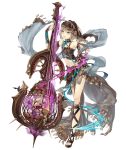  1girl aqua_eyes asymmetrical_clothes bare_shoulders bow_(instrument) brown_hair cage cello flat_chest full_body gretel_(sinoalice) hansel_(sinoalice) instrument jino looking_at_viewer navel official_art revealing_clothes shawl sinoalice smile solo transparent_background 