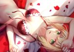 1girl arm_up bare_arms bare_shoulders bed_sheet blonde_hair bottomless bra breasts closed_mouth collarbone commentary_request dutch_angle fate/extra fate_(series) fingernails front-tie_bra green_eyes groin hand_up long_hair looking_at_viewer lying medium_breasts nail_polish navel nero_claudius_(fate) nero_claudius_(fate)_(all) no_panties on_back out-of-frame_censoring petals pink_nails red_bra red_lingerie rose_petals sidelocks solo underwear underwear_only untied_bra yan_(nicknikg)