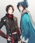  2boys black_hair blue_eyes blue_hair haori high_ponytail japanese_clothes kashuu_kiyomitsu mole mole_under_eye mole_under_mouth multiple_boys nail_polish okki2012 petals red_eyes red_nails scarf shinsengumi touken_ranbu white_scarf wide_sleeves yamato-no-kami_yasusada 