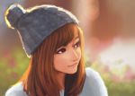  1girl bangs beanie blurry blurry_background brown_eyes brown_hair closed_mouth commentary depth_of_field hat highres jungon_kim lens_flare lips medium_hair original pink_lips realistic smile solo swept_bangs upper_body 
