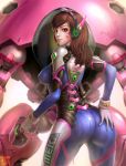  1girl acronym artist_name ass bangs bodysuit boots bracer breasts brown_eyes brown_hair character_name charm_(object) closed_mouth commentary cowboy_shot d.va_(overwatch) erect_nipples facepaint facial_mark finger_on_trigger from_behind gloves gun hand_on_own_ass handgun headphones highres holding holding_gun holding_weapon large_breasts legs_apart limgae lips lipstick long_hair long_sleeves looking_at_viewer looking_back makeup mecha meka_(overwatch) overwatch pauldrons pilot_suit pink_lipstick plugsuit ribbed_bodysuit shiny shiny_clothes shoulder_pads skin_tight smile solo thigh-highs thigh_boots thigh_strap turtleneck weapon whisker_markings white_footwear white_gloves 