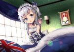  1girl aono_meri azur_lane bed belchan_(azur_lane) belfast_(azur_lane) blue_dress braid commentary_request dress elbow_gloves gloves highres long_hair maid_headdress open_mouth picture_(object) picture_frame pillow ribbon side_ponytail silver_hair sitting solo v_arms window younger 