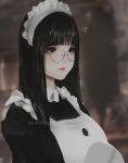  1girl ? aoi_ogata artist_name bangs bespectacled black_hair blunt_bangs blurry breasts commentary glasses grey_eyes highres long_hair looking_away maid maid_headdress original parted_lips solo white_skin 