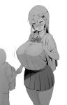  1girl :d alternate_breast_size backpack bag blush bow bowtie breasts breath commentary_request drooling greyscale hair_between_eyes hair_ornament hairclip hand_holding heart heart-shaped_pupils highres huge_breasts kantai_collection long_hair looking_at_viewer mhs monochrome open_mouth pleated_skirt randoseru shaded_face simple_background skirt smile suzuya_(kantai_collection) symbol-shaped_pupils translation_request white_background 
