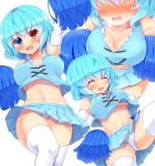  1girl :d ^_^ adapted_costume arm_up bare_shoulders blue_eyes blue_hair blue_skirt blush breasts breath cheerleader cleavage closed_eyes collarbone commentary_request crop_top elbow_gloves eyebrows_visible_through_hair feet_out_of_frame gloves head_tilt heterochromia highres holding holding_pom_poms large_breasts leg_up midriff miniskirt multiple_views navel nose_blush open_mouth panties pantyshot pantyshot_(standing) pleated_skirt polka_dot polka_dot_panties pom_poms red_eyes short_hair simple_background skirt sleeveless smile standing stomach sweat tatara_kogasa thigh-highs tokoya_(ex-hetare) touhou under_boob underwear white_background white_gloves white_legwear white_panties 