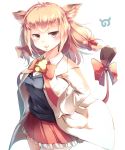  1girl absurdres animal_ears bell blush bow bowtie collared_shirt commentary_request cow_ears cow_tail cowboy_shot eyebrows_visible_through_hair frilled_skirt frills hair_bow hand_on_hip highres jacket jersey_cattle_(kemono_friends) kanzakietc kemono_friends light_brown_hair long_sleeves neck_bell neck_ribbon pleated_skirt ribbon shirt short_hair skirt solo tail tail_bow 