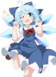  1girl ;d absurdres ahoge blue_dress blue_eyes blue_hair bow cirno commentary_request do_(4-rt) dress eyebrows_visible_through_hair fang hair_bow highres ice ice_wings looking_at_viewer one_eye_closed open_mouth pointing pointing_at_self puffy_short_sleeves puffy_sleeves short_hair short_sleeves simple_background smile solo star touhou white_background wings 
