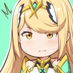  /\/\/\ 1girl bangs blonde_hair blush chibi circlet closed_mouth commentary embarrassed english_commentary eyes_visible_through_hair green_background hews_hack mythra_(xenoblade) looking_at_viewer outline simple_background solo sweatdrop swept_bangs upper_body white_outline xenoblade_(series) xenoblade_2 yellow_eyes 