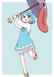  1girl :p bangs blue_background blue_dress blue_eyes blue_hair commentary_request dress eyebrows_visible_through_hair frilled_dress frills geta heterochromia holding holding_umbrella long_sleeves looking_at_viewer no_socks poronegi red_eyes sandals shirt short_dress short_hair simple_background smile solo standing standing_on_one_leg tatara_kogasa tengu-geta tongue tongue_out touhou umbrella white_shirt 