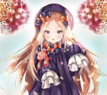  1girl :o abigail_williams_(fate/grand_order) bangs black_bow black_dress black_hat blue_eyes blush bow commentary_request dress eyebrows_visible_through_hair fate/grand_order fate_(series) flower forehead hair_bow hands_up hat light_brown_hair long_hair long_sleeves melynx_(user_aot2846) object_hug orange_bow parted_bangs parted_lips polka_dot polka_dot_bow red_flower sleeves_past_fingers sleeves_past_wrists solo stuffed_animal stuffed_toy teddy_bear upper_body upper_teeth very_long_hair 