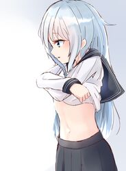  1girl black_skirt blue_eyes from_side gradient gradient_background grey_background hibiki_(kantai_collection) highres kantai_collection long_hair midriff navel open_mouth pleated_skirt school_uniform shirt shirt_lift silver_hair sketch skirt solo standing stomach tachibana_(x_quick) undressing uniform very_long_hair white_shirt 