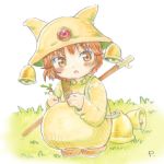  1girl bell blush brown_eyes brown_footwear brown_hair day gem graphite_(medium) grass hat kuruje looking_at_viewer mahoujin_guruguru mechanical_pencil open_mouth outdoors pencil popurieru shoes short_hair skirt solo squatting staff traditional_media watercolor_pencil_(medium) yellow_hat yellow_skirt 