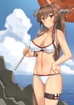  1girl absurdres alternate_costume bikini brown_eyes brown_hair cherry_blossoms clouds cowboy_shot day flower hair_flower hair_ornament hand_on_hip headgear highres holding holding_umbrella kantai_collection lifebuoy long_hair navel oriental_umbrella outdoors ponytail red_umbrella sky solo soushou_nin standing swimsuit thigh_strap umbrella very_long_hair white_bikini yamato_(kantai_collection) 